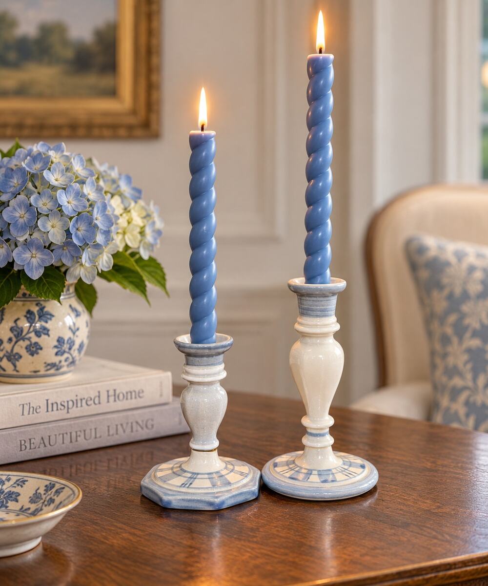 Vintage Louisville Stoneware Candlesticks Blue White Set with Twisted Tapers